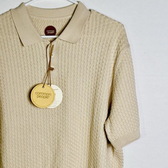 Common People Men’s L Cable Polo Texture Stretch Resort Shirt Camp Collar NEW - Picture 4 of 10